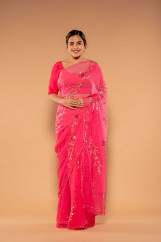 Aari Sequins Pink Viscose Chiffon Saree