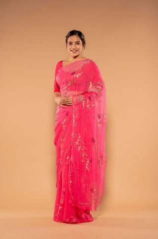 Aari Sequins Pink Viscose Chiffon Saree