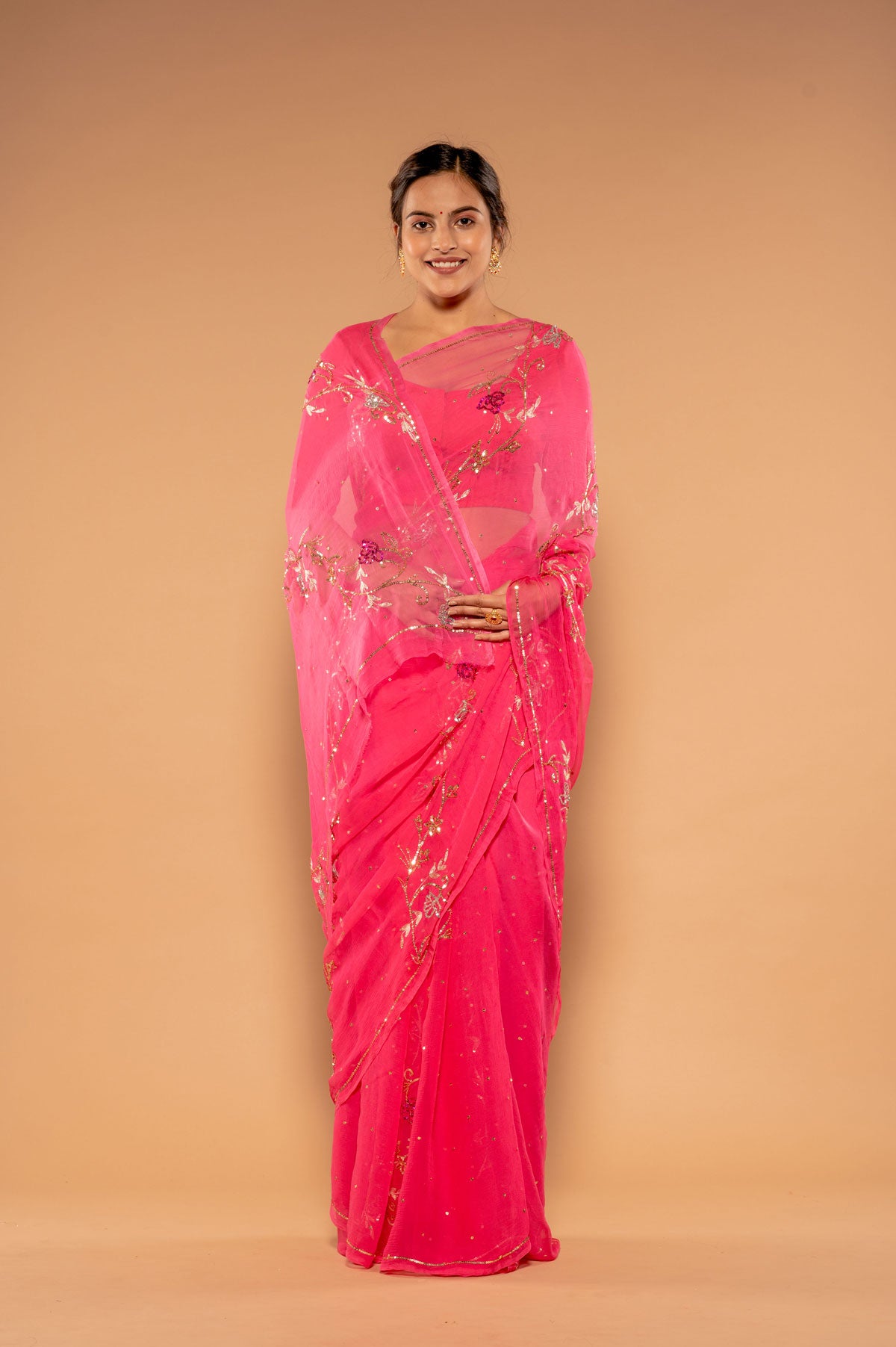 Pink  Viscose Chiffon Sequnce chadi butti  Handwork  Saree