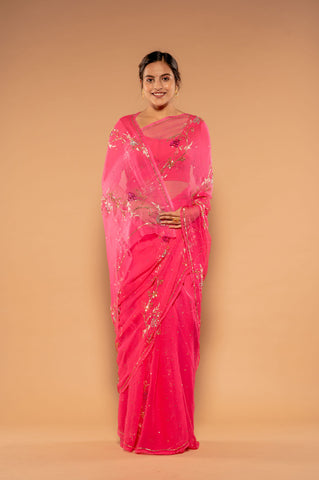 Aari Sequins Pink Viscose Chiffon Saree