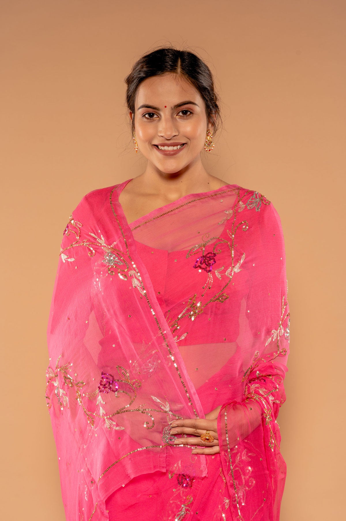 Aari Sequins Pink Viscose Chiffon Saree