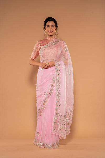 Sikhiya Pink Viscose Chiffon Saree