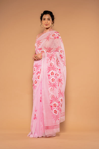 Hand Painted Pink Viscose Saree