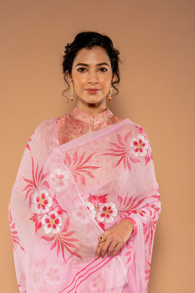 Hand Painted Pink Viscose Saree