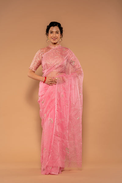 Zari Weaving Pink Organza Saree