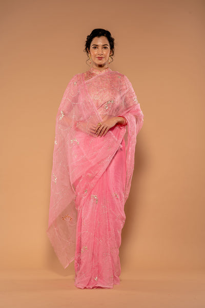 Zari Weaving Pink Organza Saree