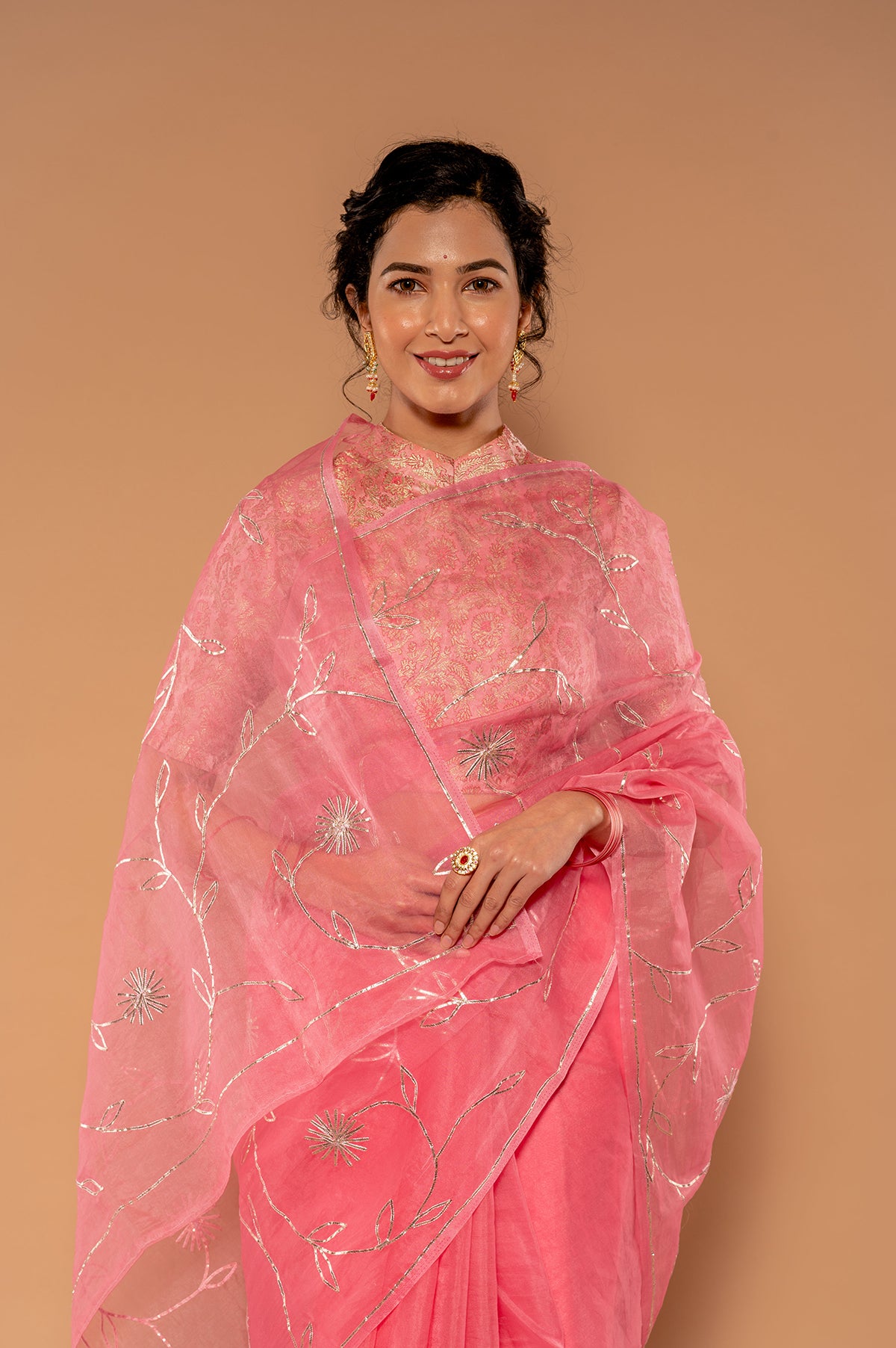 Sikhiya Jaal Pink Organza Saree