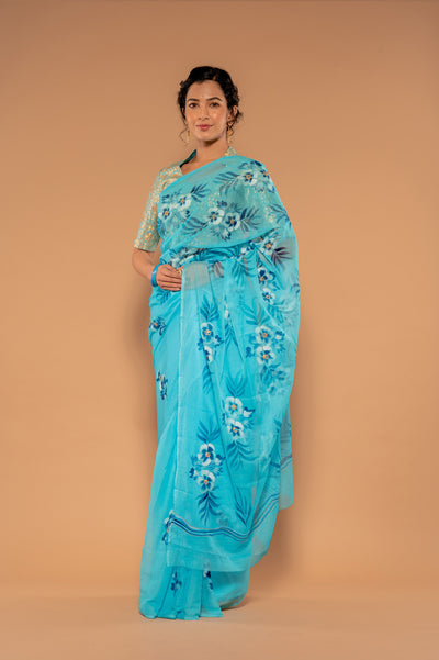 Hand Painted Sky Blue Saree