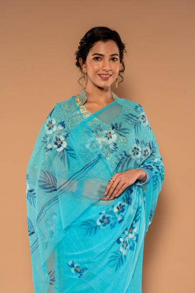 Hand Painted Sky Blue Saree