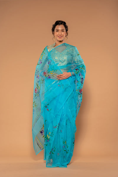 Hand Painted Sky Blue Saree