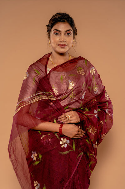 Hand Painted Wine Saree