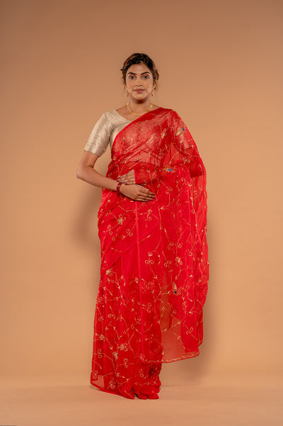 Aari Resham Red Viscose Chiffon Saree