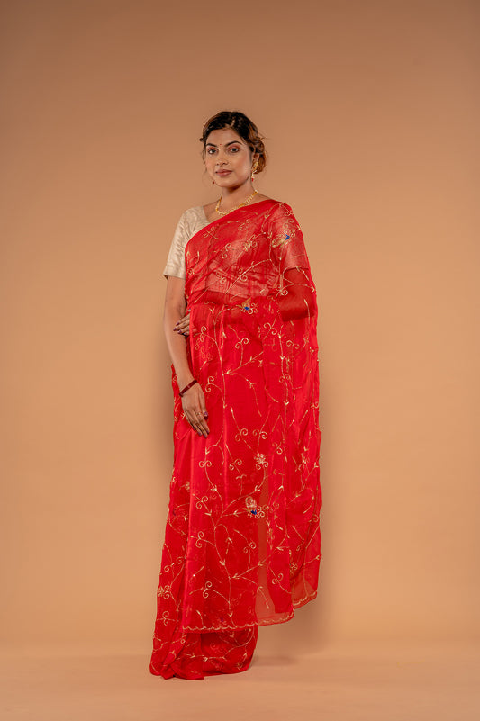 Aari Resham Red Viscose Chiffon Saree