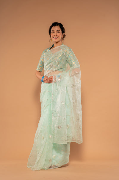 Sikhiya Light See Green Organza Saree
