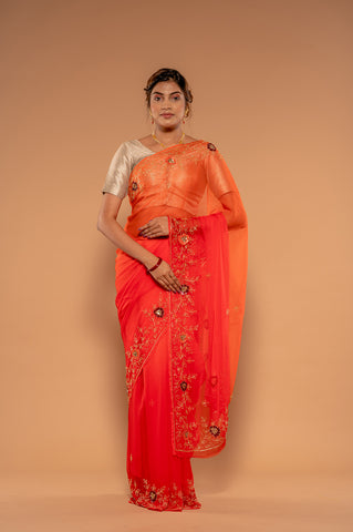 Kardana Sequins Orange Viscose Chiffon Saree