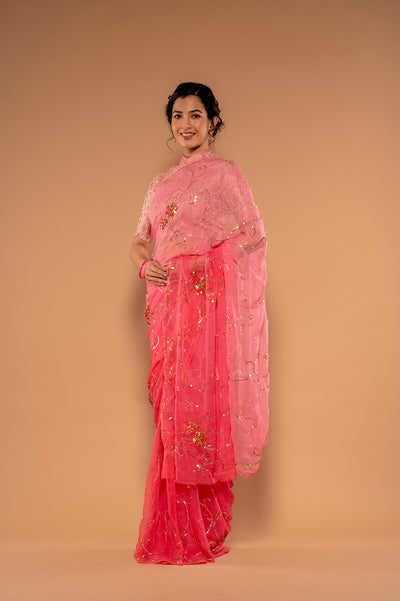 Kardana Sequins Pink Viscose Chiffon Saree