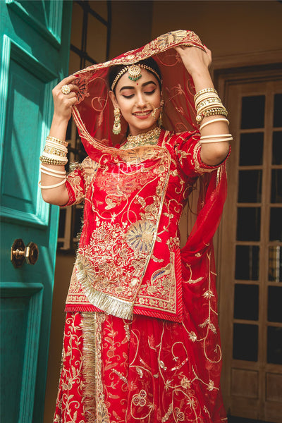 Aari Zardosi Resham Red Bridal Poshak - Yuvti