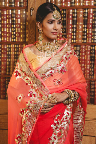 Aari Cut Work & Resham Carrot Red Saree - Yuvti