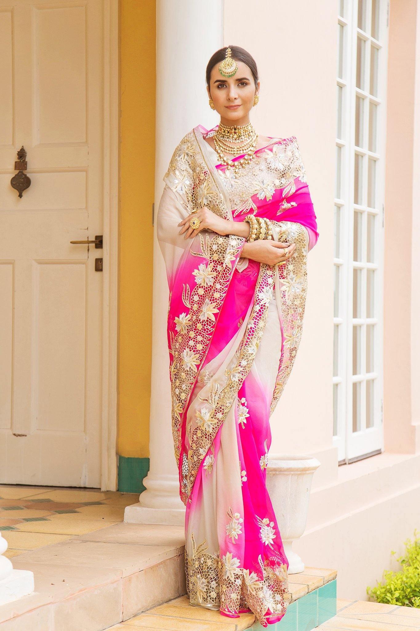 Aari Cut Work & Sequins Pink & Cream Saree - Yuvti