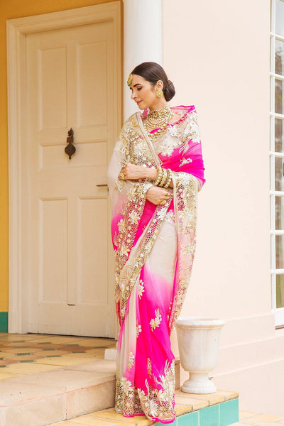 Aari Cut Work & Sequins Pink & Cream Saree - Yuvti